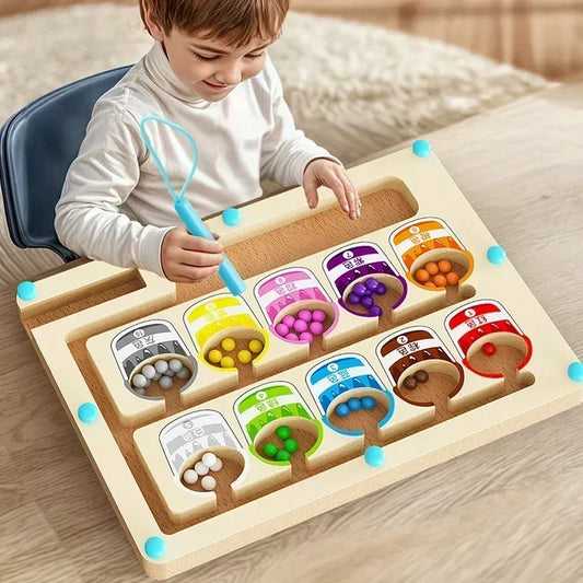 Montessori Magnetic Color Sorting Games Maze Board Pen Moving Bead Games Wooden Control Sensory Play Educational Toys for Kids